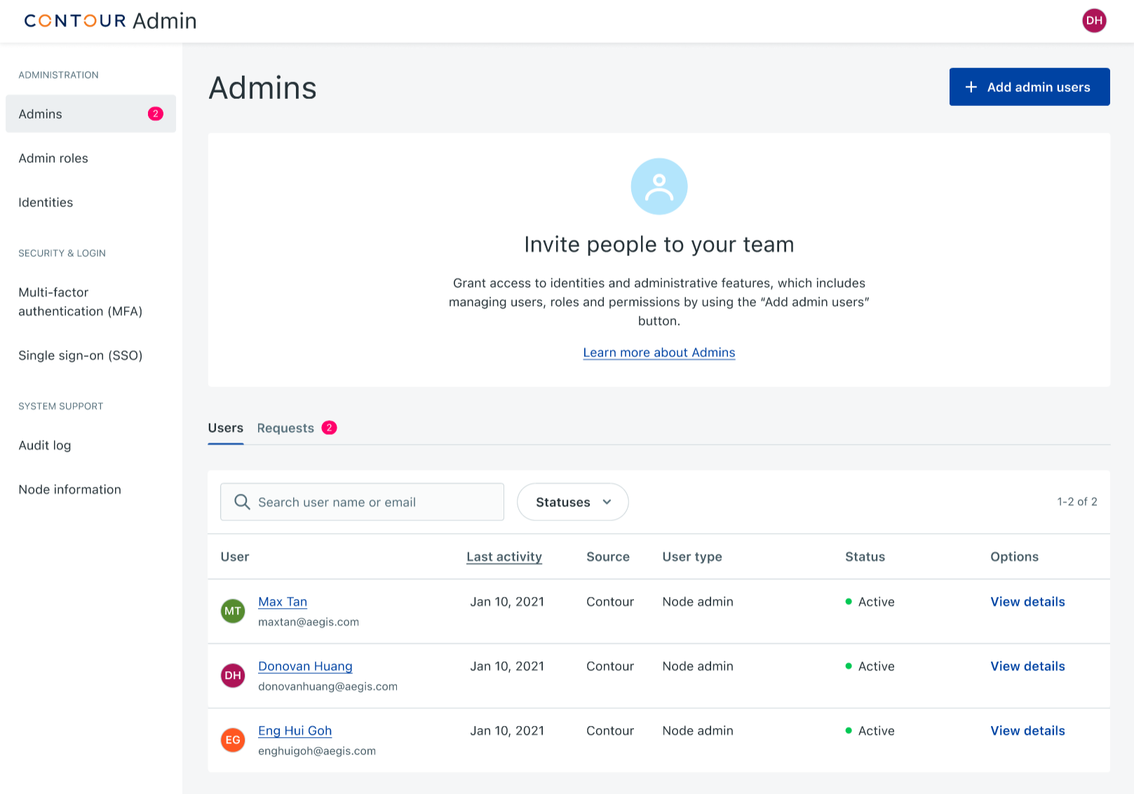 Admin Console Landing page