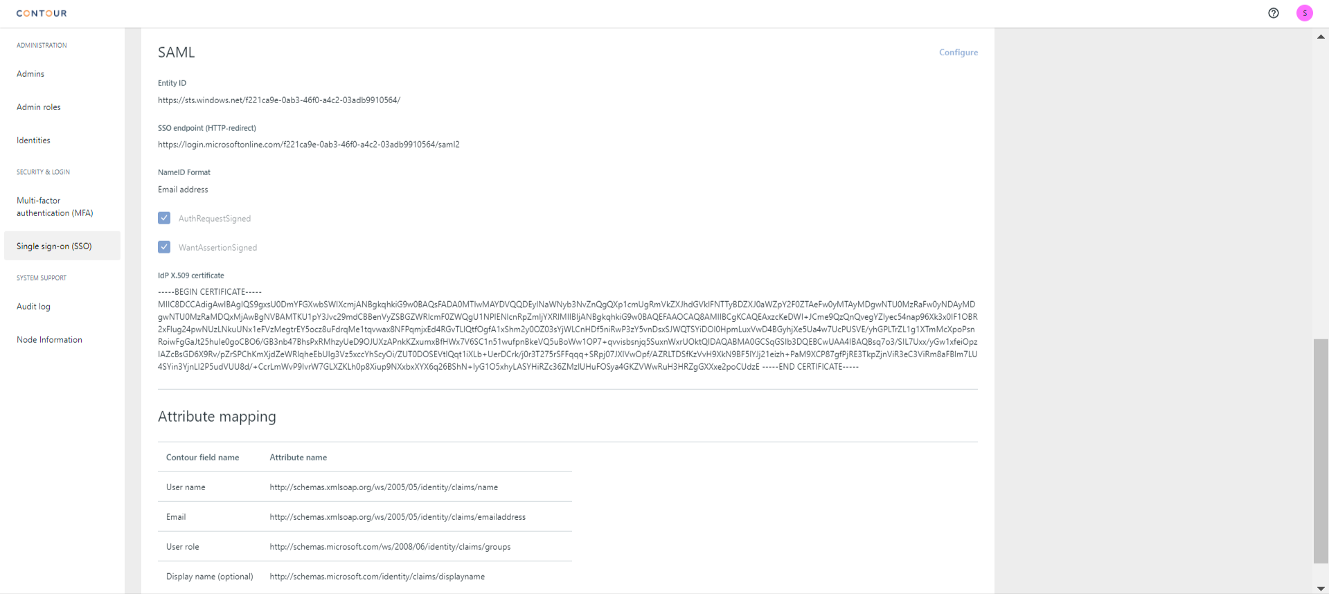 Contour SAML Config